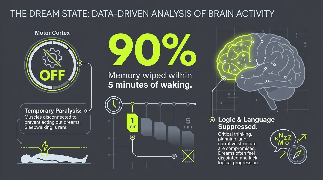 An infographic showing that 90% of dream content is forgotten within 5 minutes and that logic centers are suppressed during sleep.