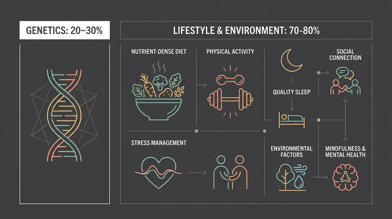 An infographic showing that genetics account for 20-30% of lifespan while lifestyle and environment account for 70-80%.