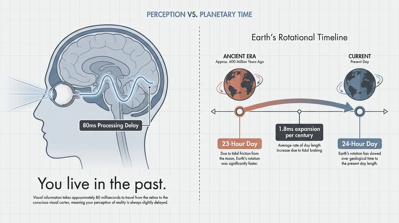 An infographic showing the 80ms neurological delay and the expansion of Earth's day from 23 to 24 hours.