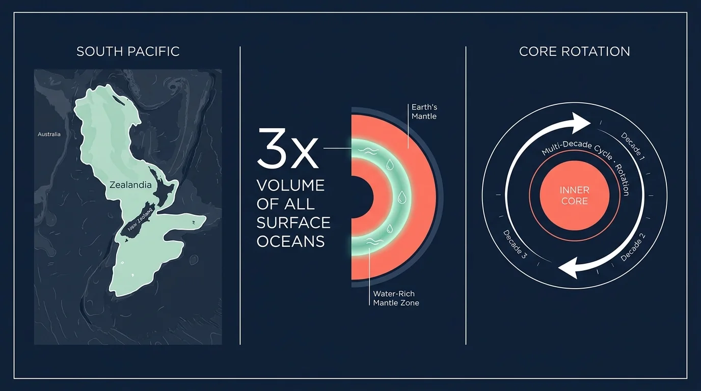 An infographic showing the map of Zealandia, the 3x volume of mantle water, and the core rotation cycle.