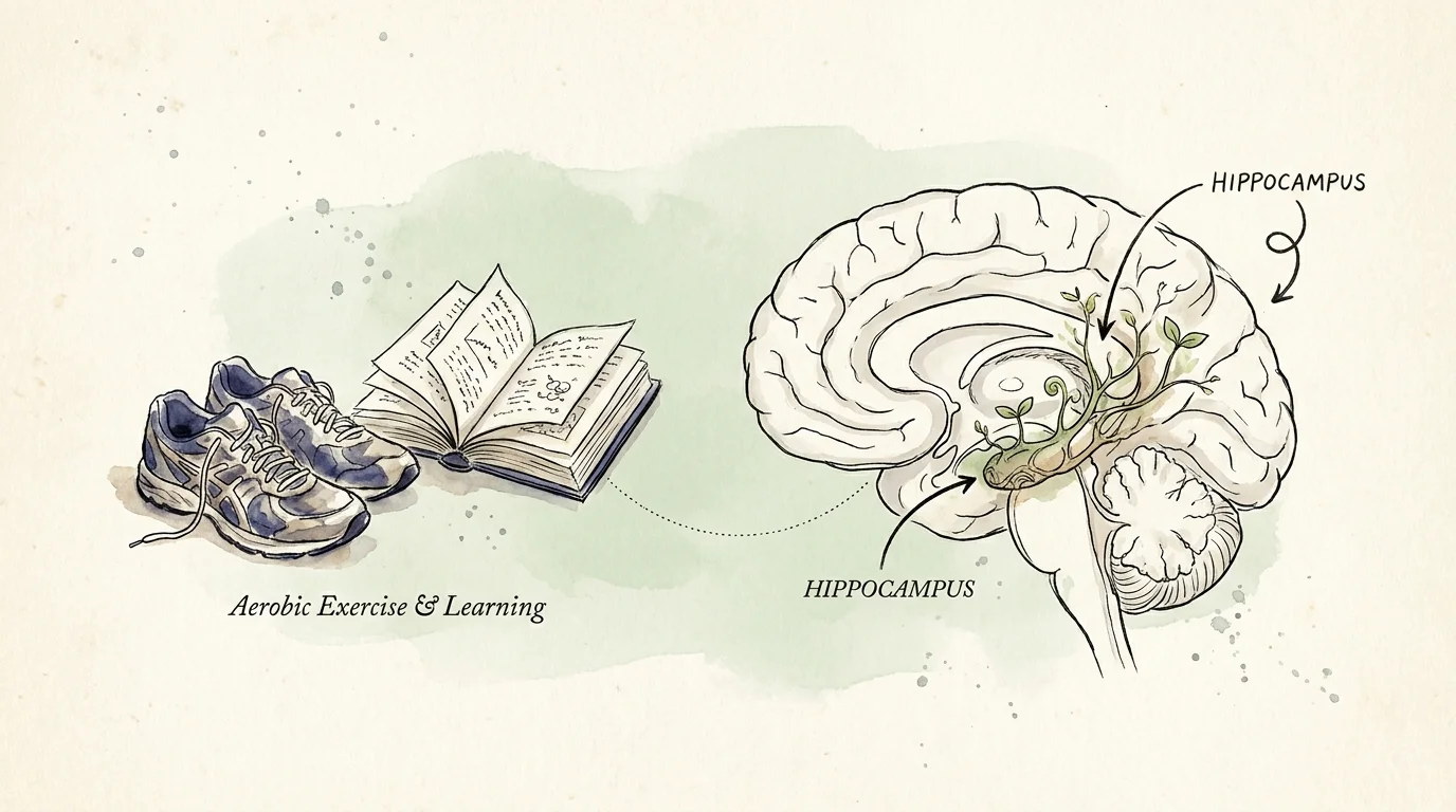 An ink and watercolor illustration of a brain with small green plants sprouting in the hippocampus, symbolizing new neuron growth.