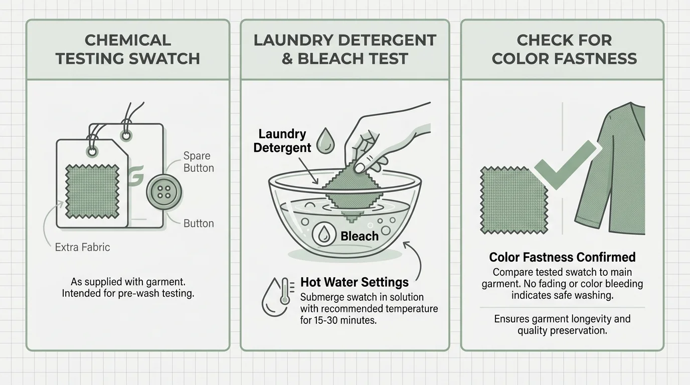 An instructional infographic showing how to use the extra fabric swatch from new clothes for chemical and detergent testing.
