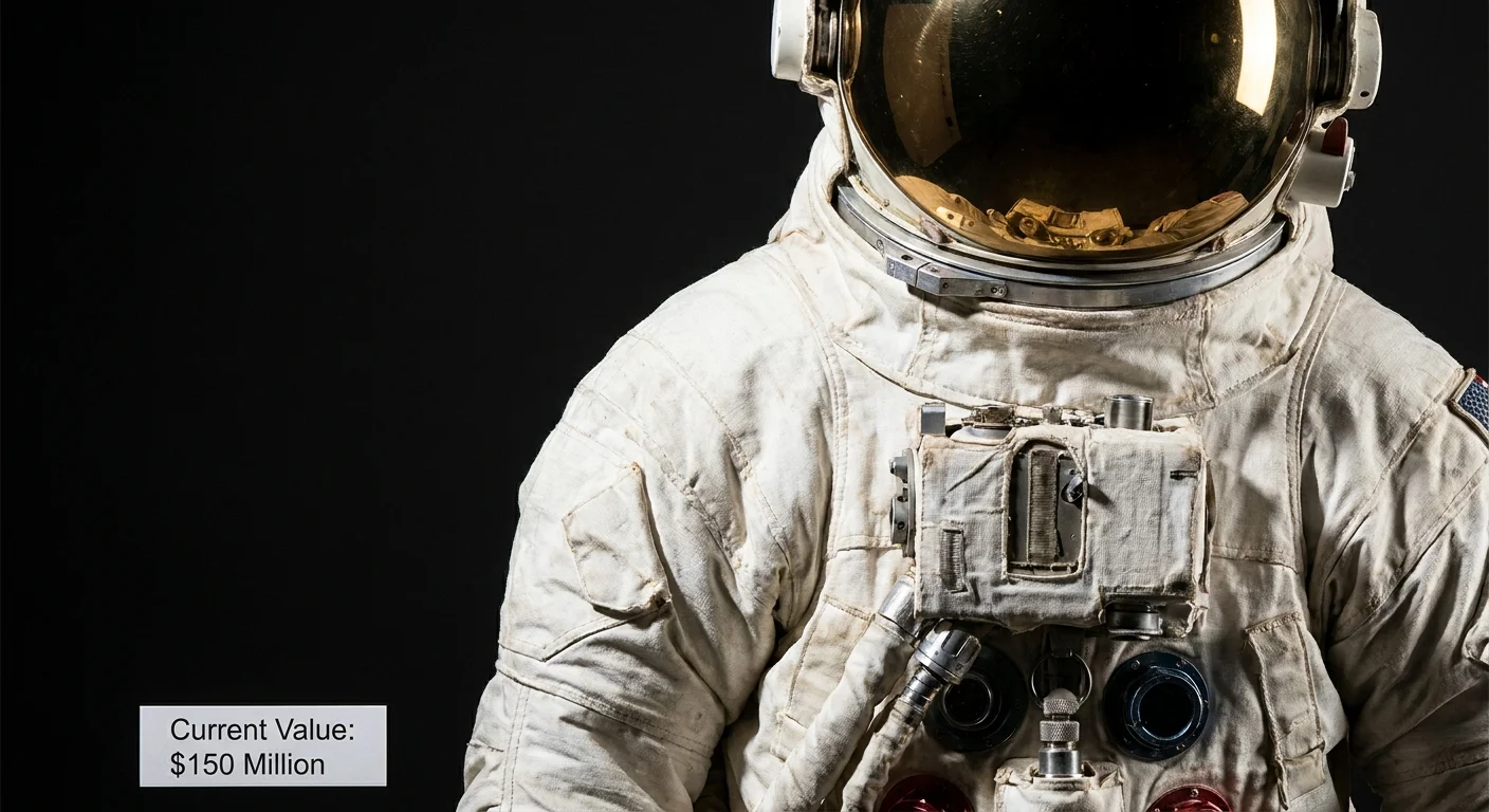 Close-up of a 1974 NASA spacesuit with a label stating its modern $150 million value.