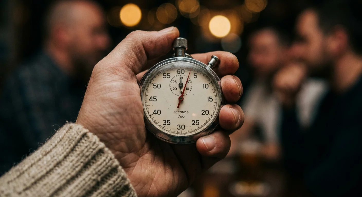 Close-up of a hand holding a stopwatch, focusing on the split-second markings.