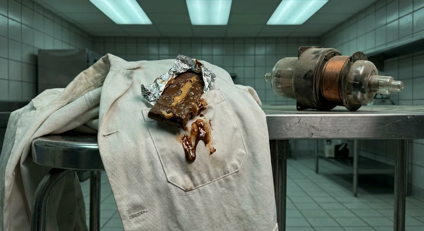 Close-up of a melted chocolate bar in a lab coat pocket next to a vintage radar magnetron.
