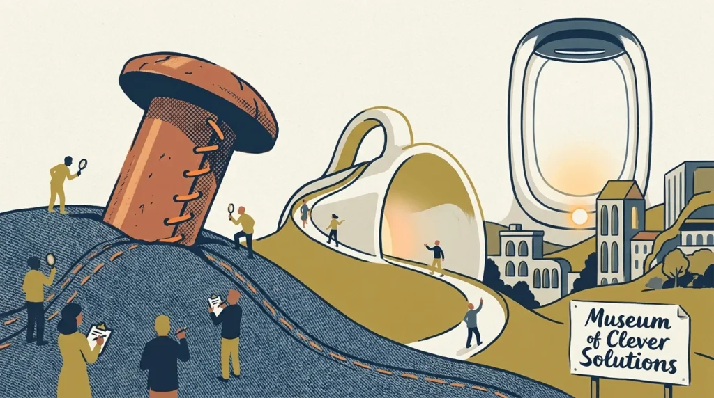 Editorial illustration of a giant denim rivet and airplane window being inspected by tiny people in a museum-like landscape.