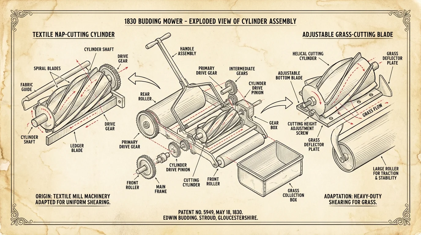 Exploded-view patent-style diagram of the 1830 Budding mower showing its origins in textile machinery.