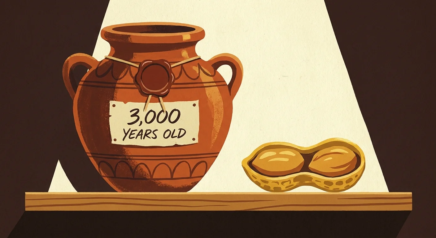 Gouache illustration of an ancient Egyptian honey pot next to a peanut shell.