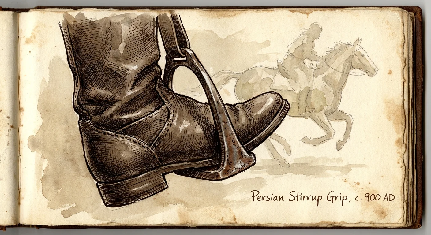 Historical ink sketch of a 10th-century Persian cavalry boot with a high heel locked into a metal stirrup.