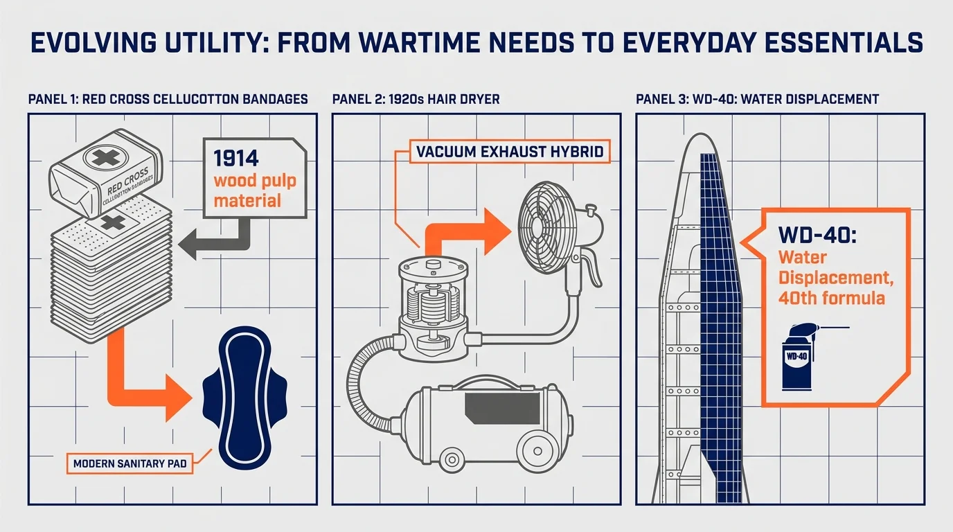 Horizontal infographic showing the origins of sanitary pads, hair dryers, and WD-40 with specific historical labels.