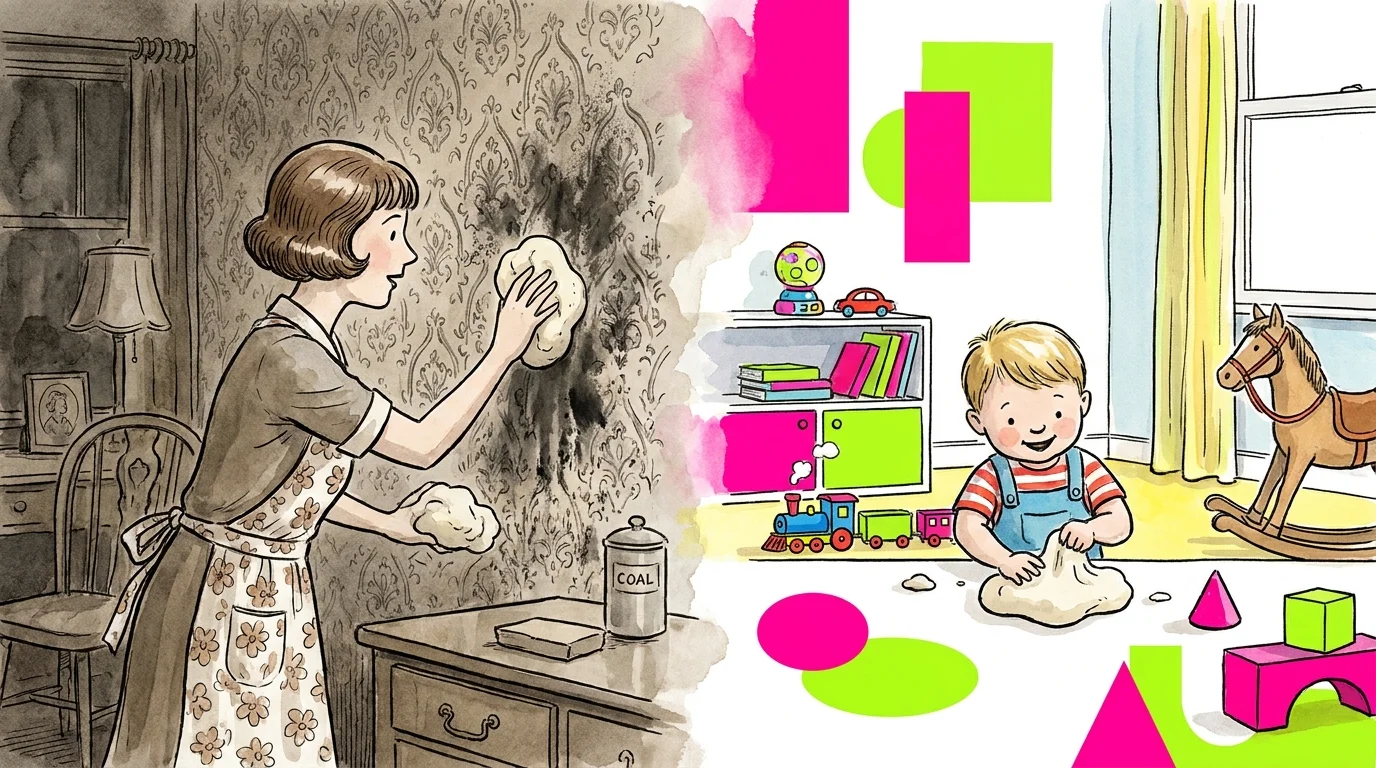 Illustration showing a 1930s woman cleaning wallpaper with dough, transitioning into a modern child playing with colorful Play-Doh.