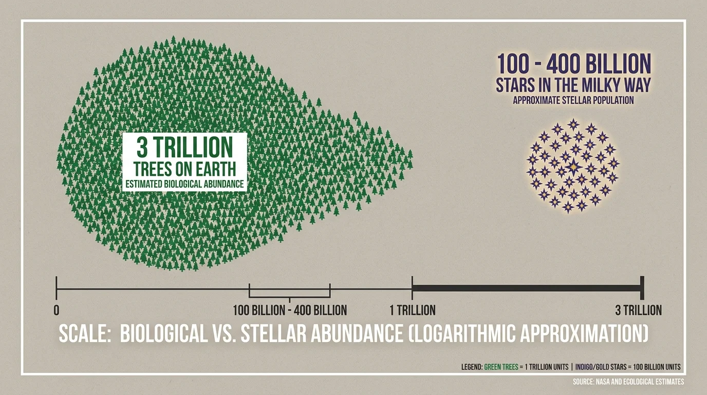 Infographic showing that Earth's 3 trillion trees far outnumber the 100-400 billion stars in the Milky Way.