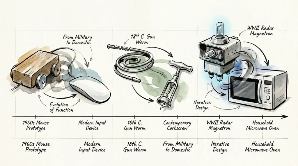 Ink illustration showing the visual evolution of a wooden mouse, a gun worm, and a radar magnetron into their modern household counterparts.