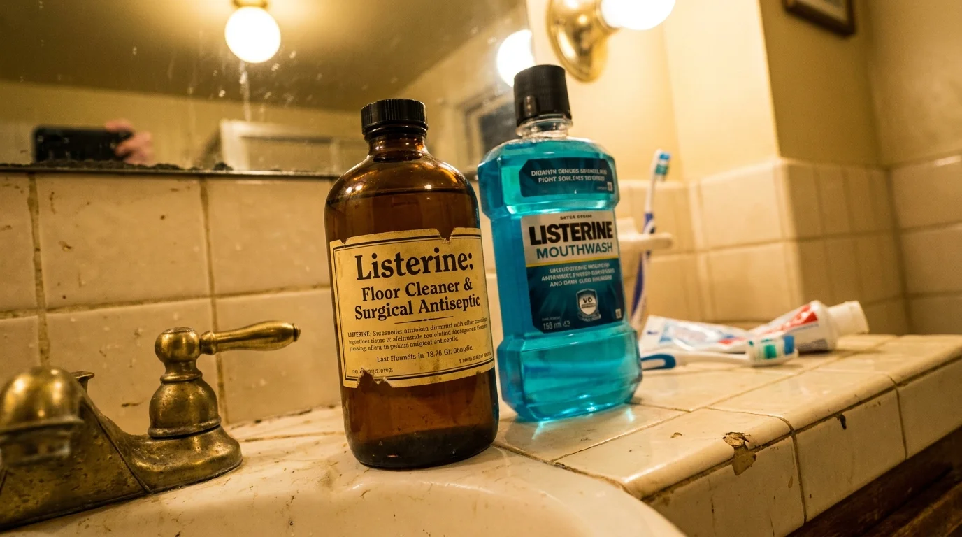 iPhone-style photo of an antique Listerine floor cleaner bottle next to a modern blue mouthwash bottle on a bathroom sink.