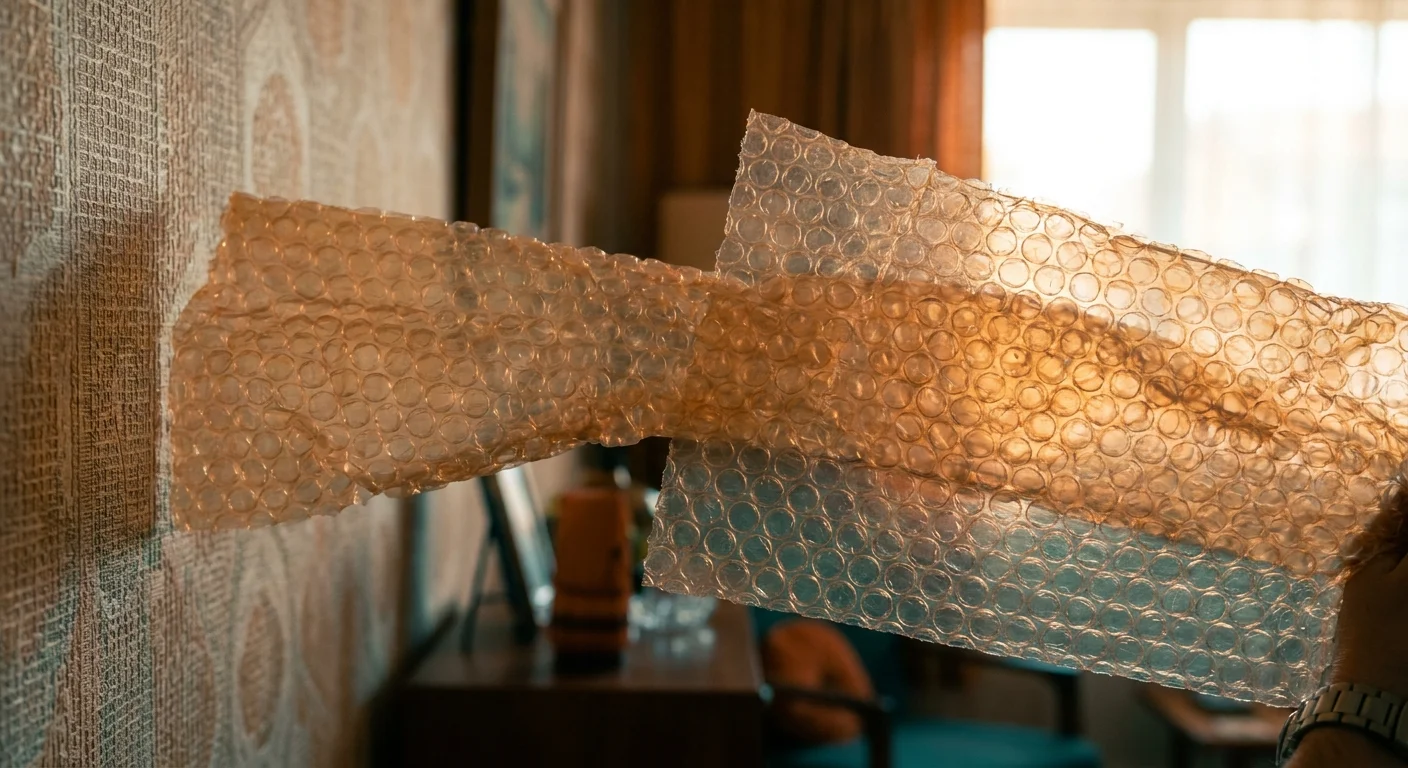 Macro photograph of bubble wrap reflecting light in a way that looks like textured 3D wallpaper in a mid-century room.