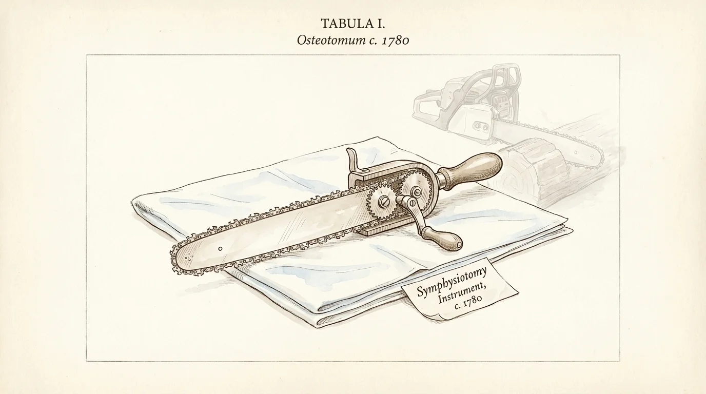Scientific ink illustration of an 18th-century surgical osteotome, the medical ancestor of the modern chainsaw.
