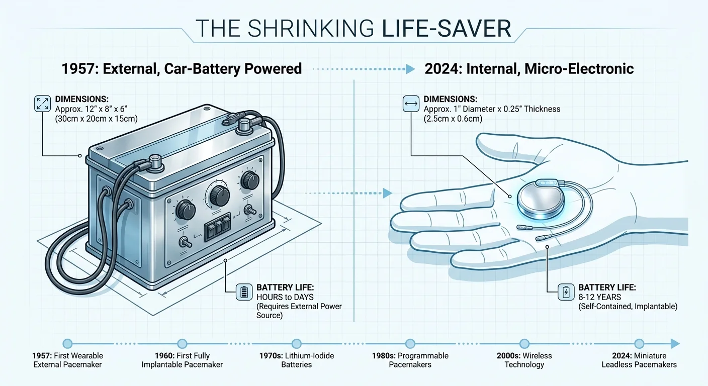 Size comparison infographic between a bulky 1957 car-battery-powered pacemaker and a tiny modern internal device.