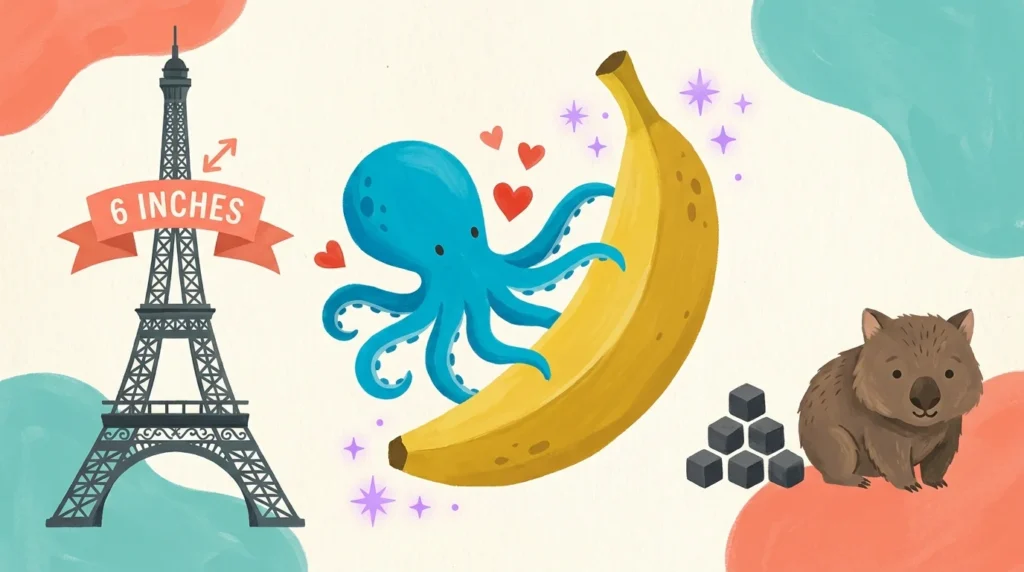 Whimsical gouache illustration of an octopus, a banana emitting particles, and the Eiffel Tower.