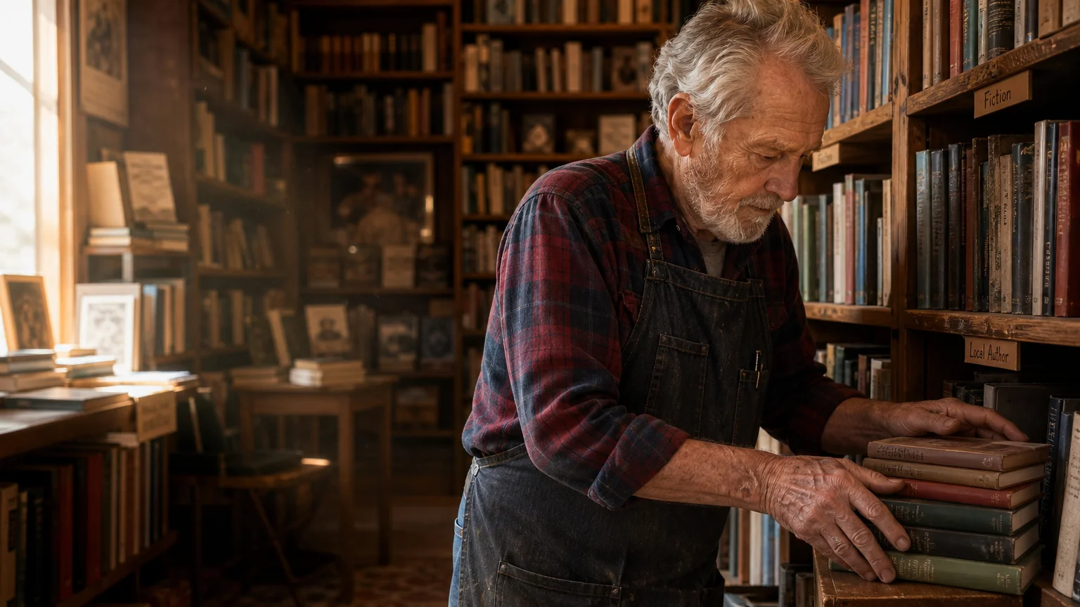A candid shot of an older man in a flannel shirt and apron organizing books on a low shelf in a warm, sunlit local bookstore.