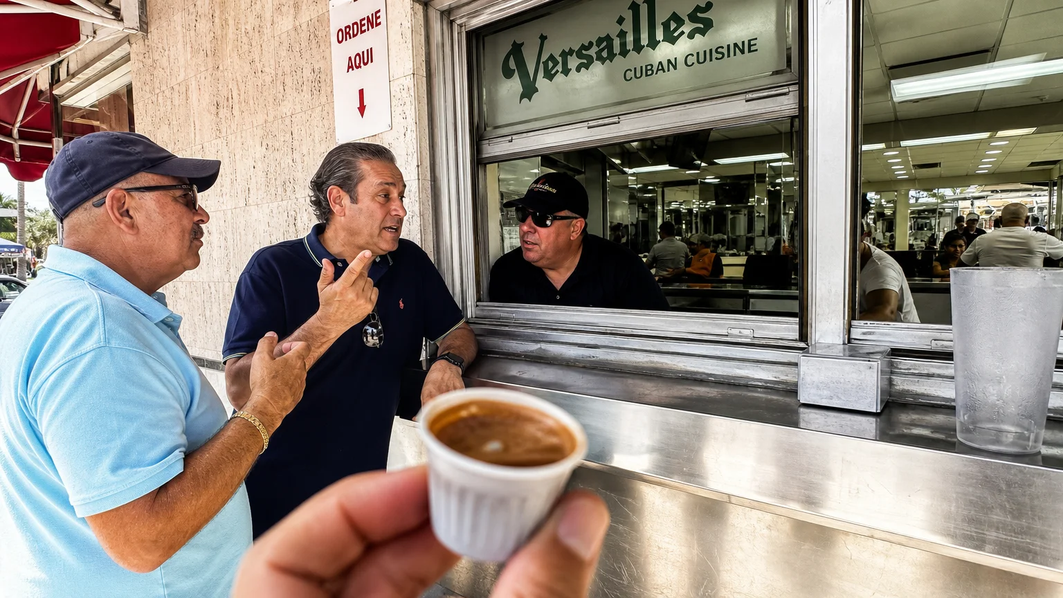 A candid smartphone-style photo of people gathered at a Cuban coffee window in Miami, with a small cup of espresso in the foreground.