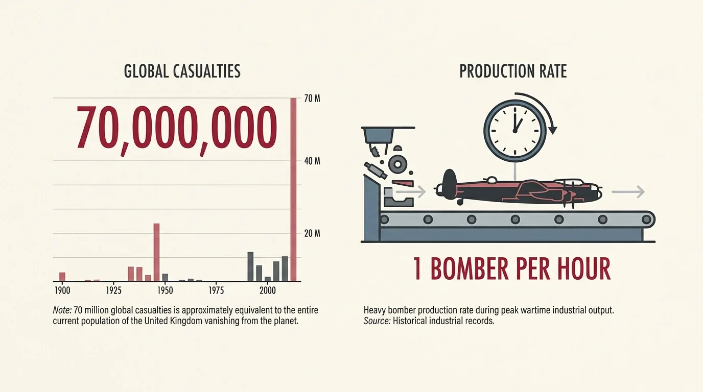 A clean minimalist infographic detailing WWII's 70 million casualties and the rapid production rate of one military bomber per hour.
