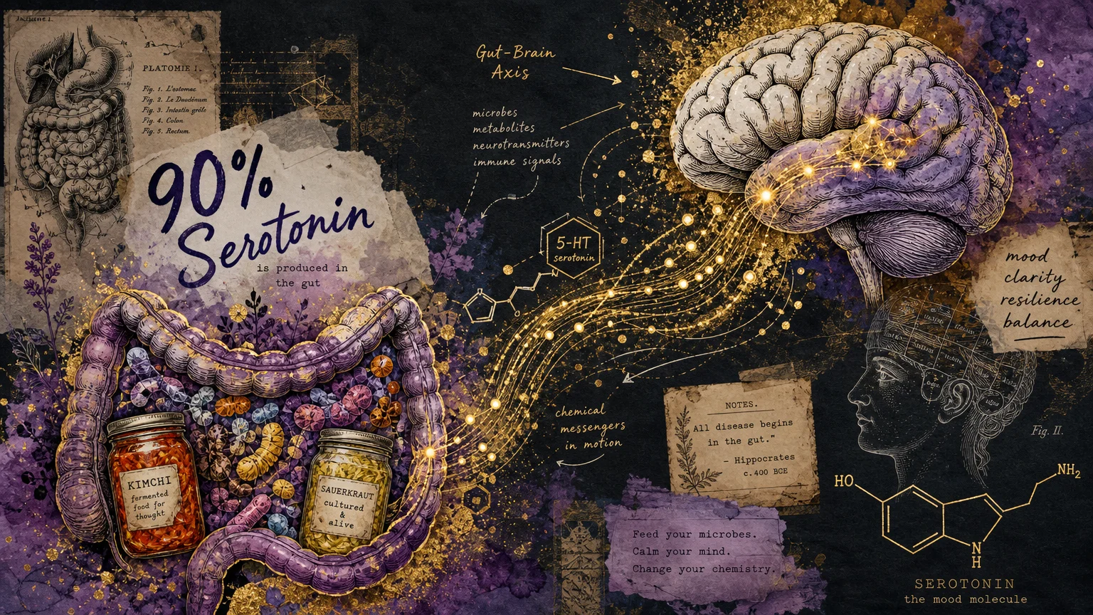 A conceptual collage showing a gold-leaf connection between the gut and brain, with the text '90% Serotonin'.
