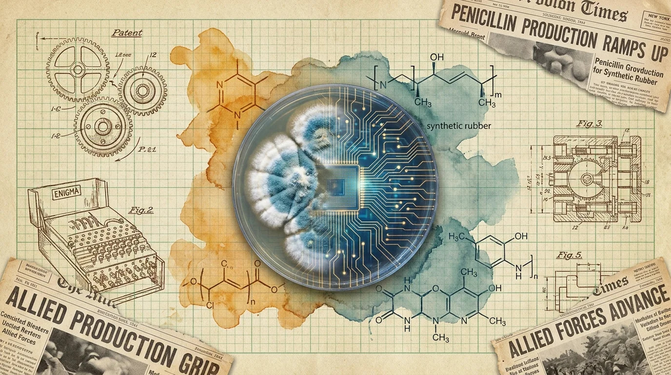 A conceptual mixed-media collage combining vintage cipher wheels, synthetic rubber chemical diagrams, and modern circuit patterns.