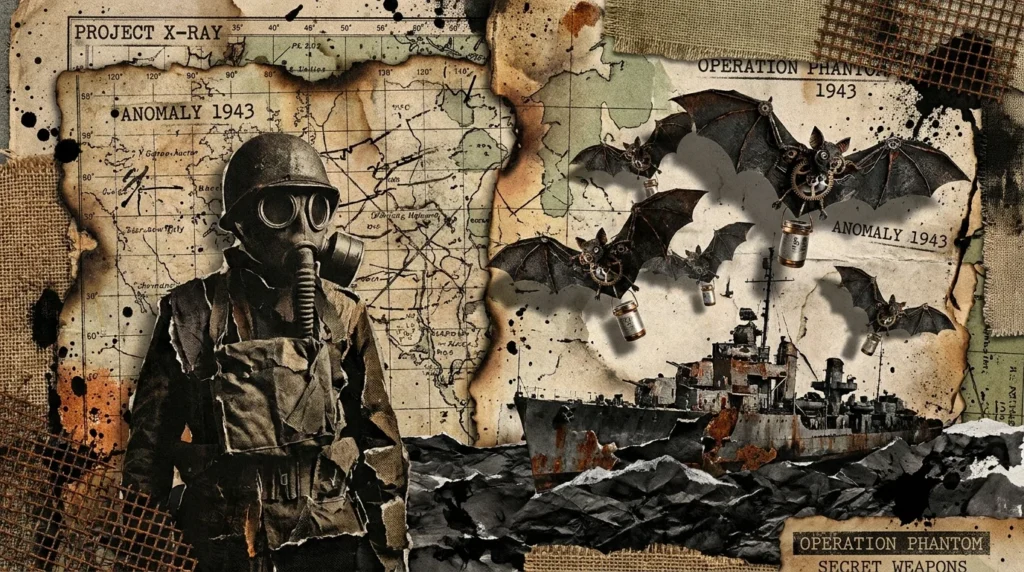 12 WWII Events So Terrifying They Sound Like Fiction A dark editorial collage featuring a gas-masked soldier's silhouette, a vintage map background, and ghostly military vessels.