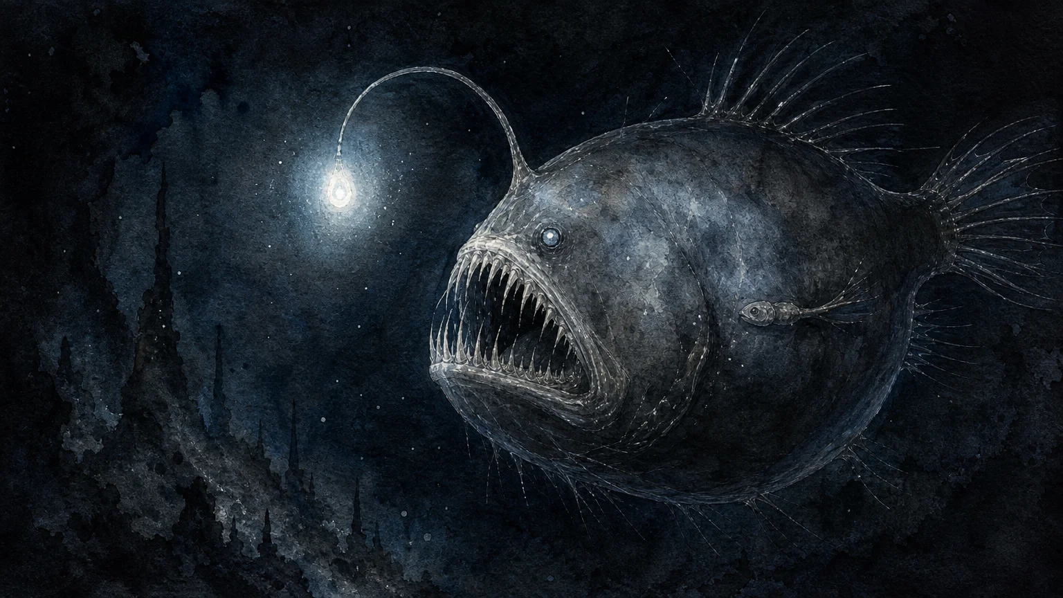 A dark watercolor of a large female anglerfish with a tiny male fused to her side in the deep ocean.