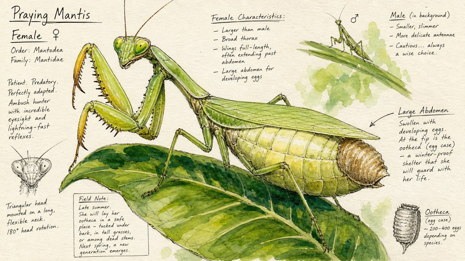 A detailed gouache and ink illustration of a large female praying mantis with a swollen abdomen on a green leaf.