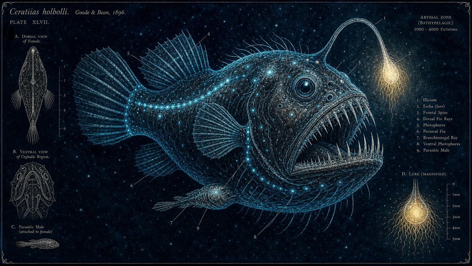 A detailed watercolor illustration of a large deep-sea anglerfish with a tiny parasitic male attached to her side in the dark ocean.