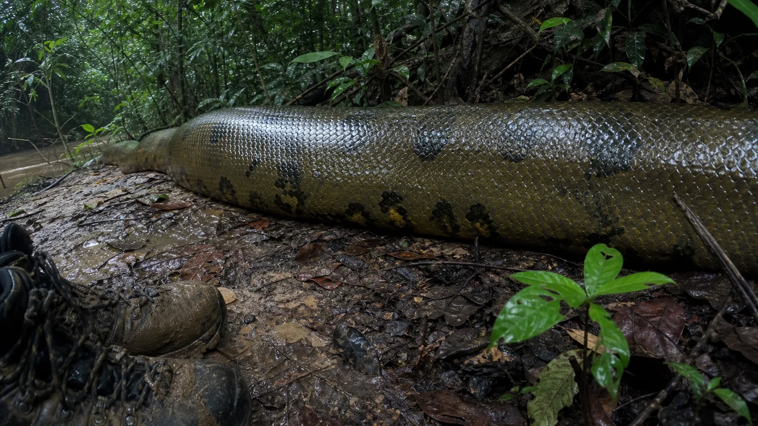 A documentary-style photo of a massive female green anaconda's body on a muddy riverbank next to a pair of boots for scale.
