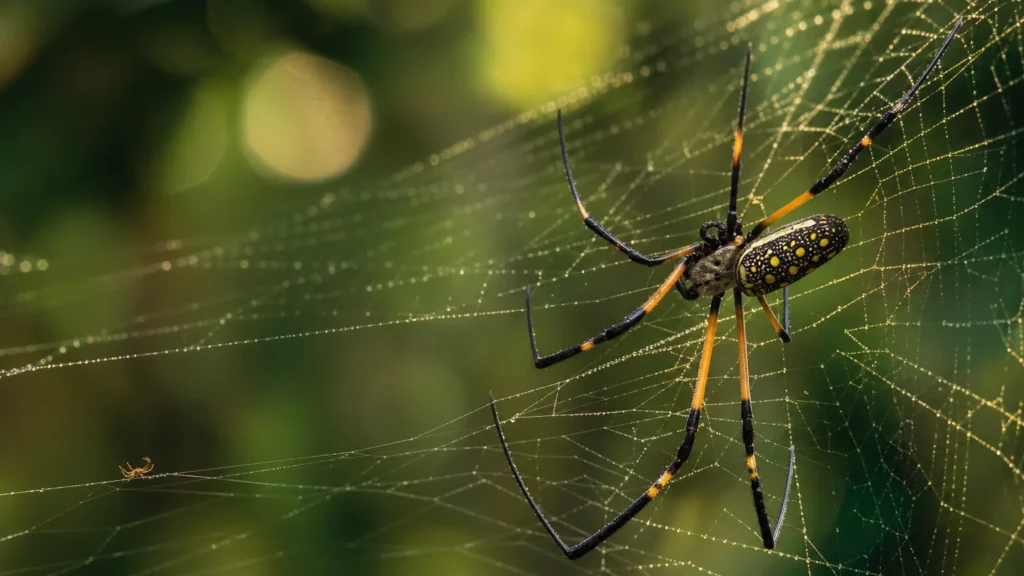 A giant yellow and black female golden orb-weaver spider on a web with a tiny male spider nearby.