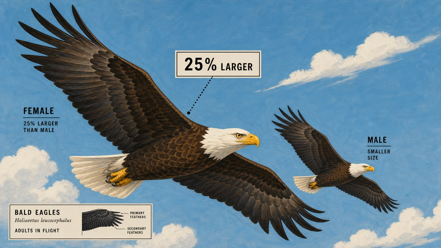 A gouache illustration of two bald eagles flying, with the female labeled as being 25 percent larger than the male.