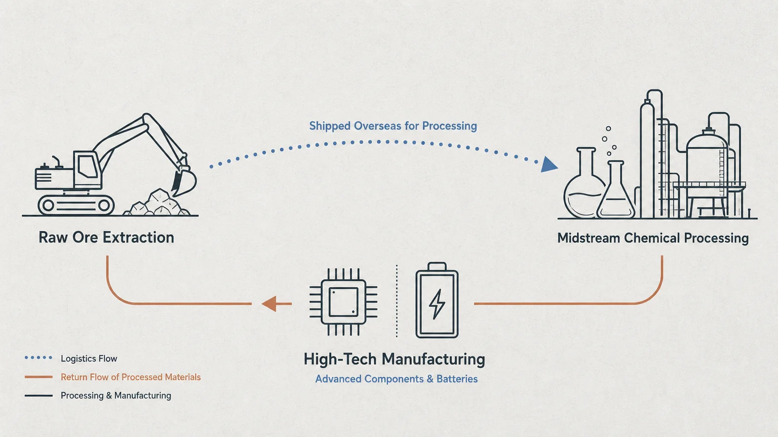 A minimalist conceptual supply chain diagram illustrating the loop of raw ore extraction and overseas processing.