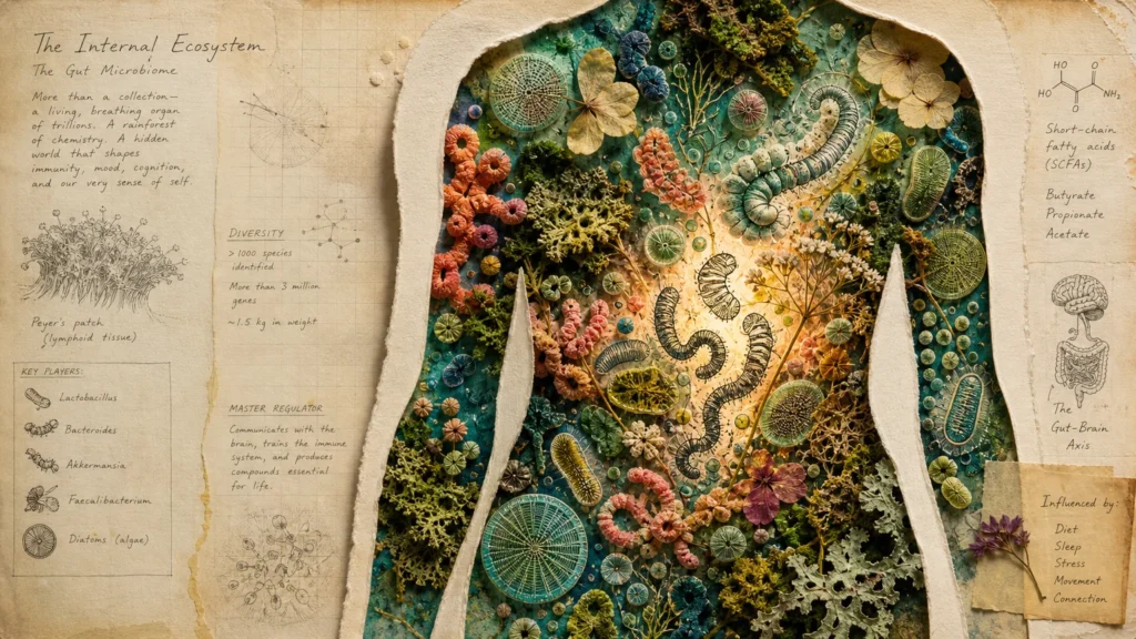 A mixed-media collage showing a human silhouette filled with a vibrant, glowing ecosystem of colorful bacteria and plant-like microbes.