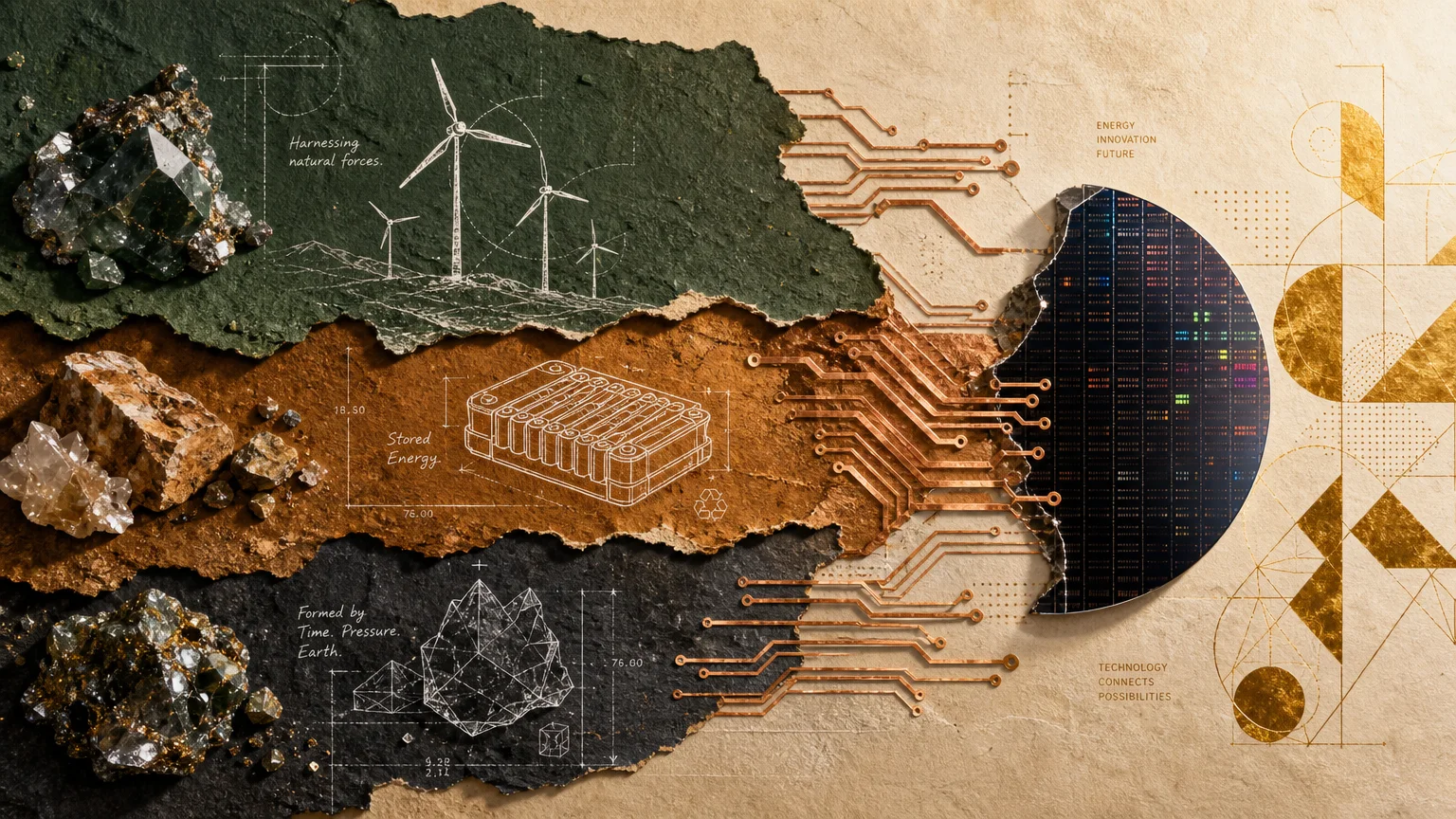 A mixed media collage showing the transition of raw natural minerals into clean energy and high-tech components.