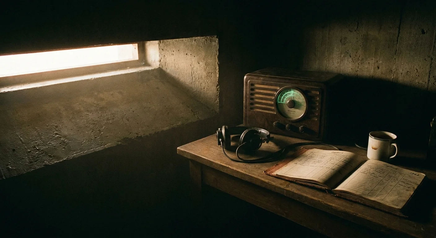 A moody 35mm film photograph of a dimly lit WWII concrete bunker desk featuring a vintage radio, headphones, and a handwritten logbook.