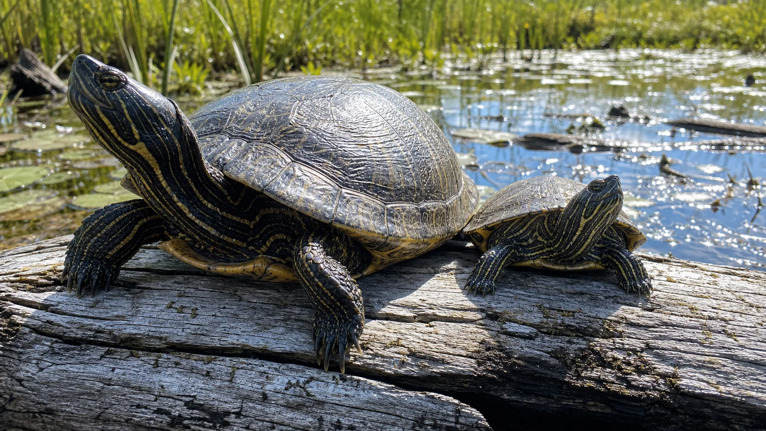 A photo of a large female and a much smaller male Northern Map turtle basking together on a log in the sun.