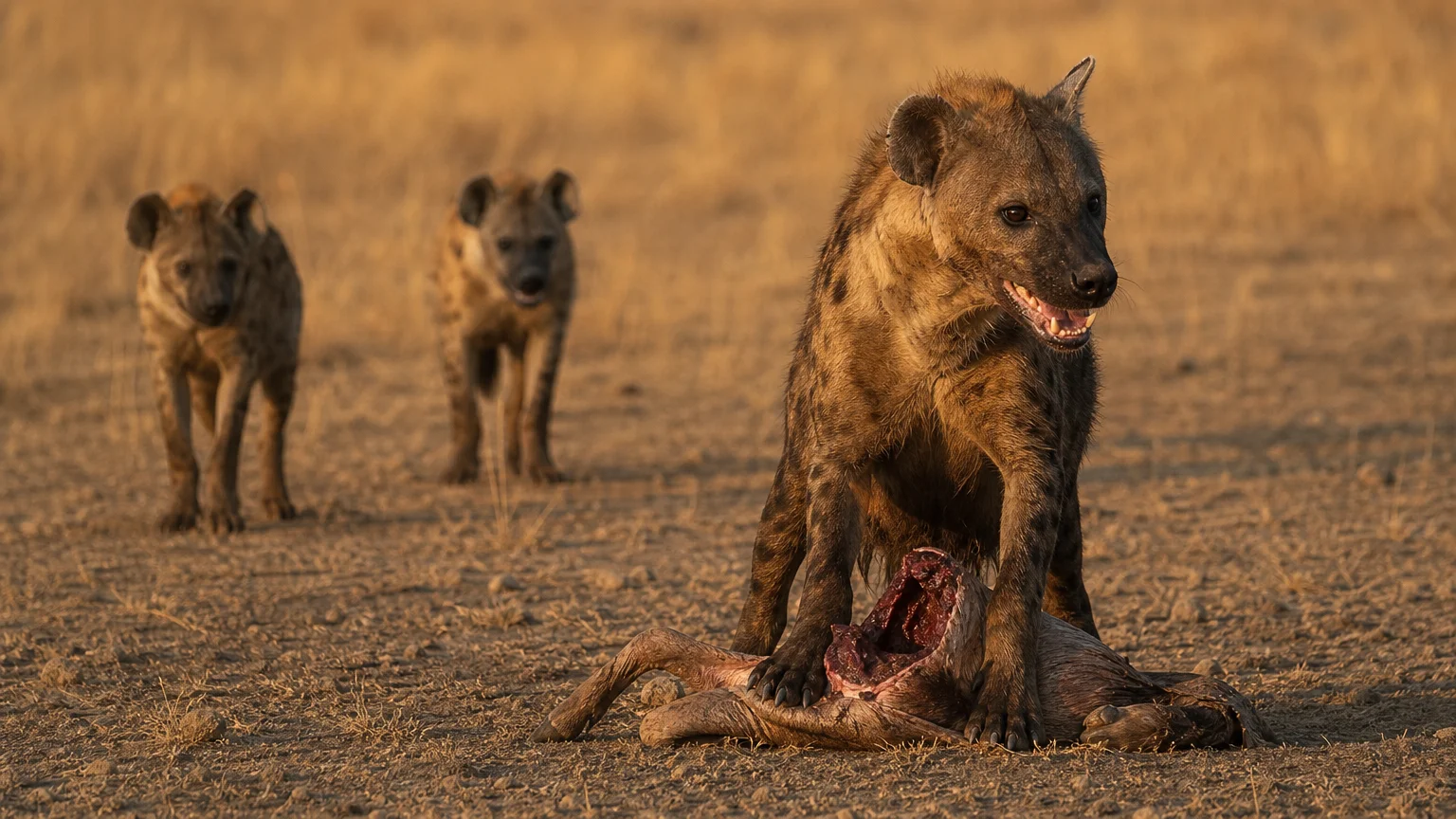 A photo of a large female spotted hyena dominantly guarding food while smaller males wait in the background.