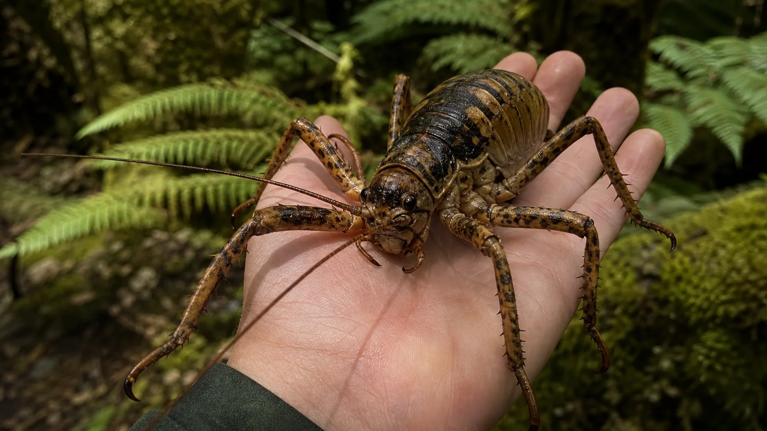 A photo of a massive female Giant Weta insect resting on a person's open hand for scale.