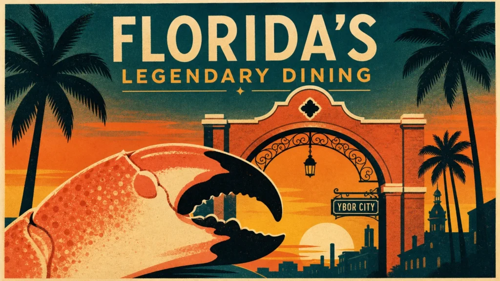 A stylized screenprint poster featuring a stone crab claw, a Spanish archway, and palm trees against a Florida sunset.