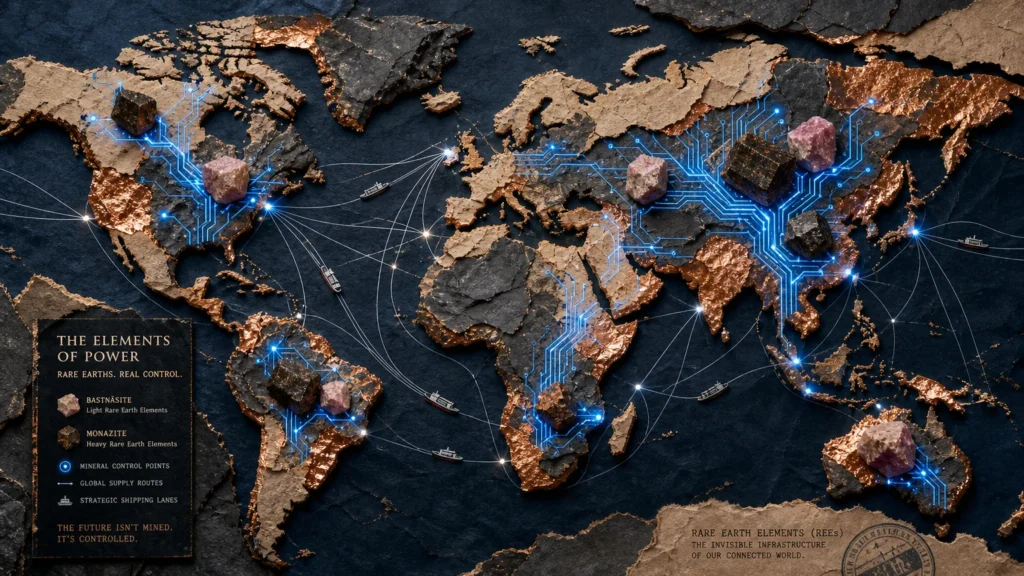 A textured mixed media collage of a world map with glowing technological circuits and raw mineral ores, symbolizing rare earth control.