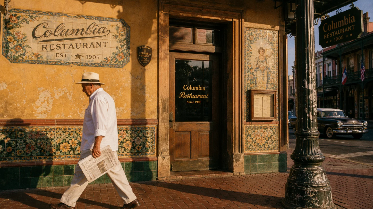 A warm, film-style photo of a man walking past a historic Spanish-tiled building in Ybor City during the golden hour.