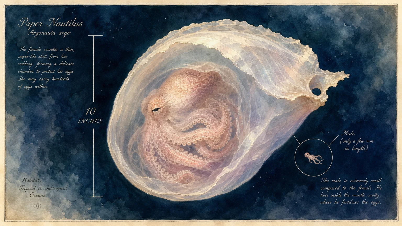 A watercolor illustration of a female paper nautilus in its 10-inch egg case with a tiny male swimming nearby.