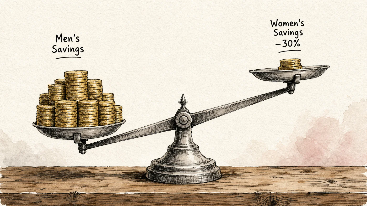 An editorial ink drawing of a scale tipping unevenly, with a smaller stack of coins labeled 'Women's Savings -30%' raised high in the air.