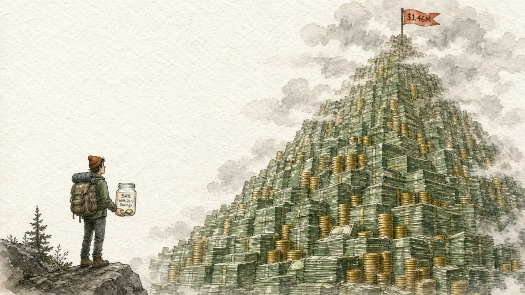 An editorial watercolor of a climber holding a tiny jar labeled '54% with zero savings' looking at a massive mountain peak labeled '$1.46M'.