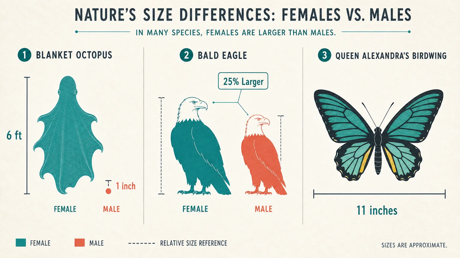 An infographic comparing sizes: a 6ft vs 1in octopus, 25% larger eagles, and an 11-inch butterfly wingspan.