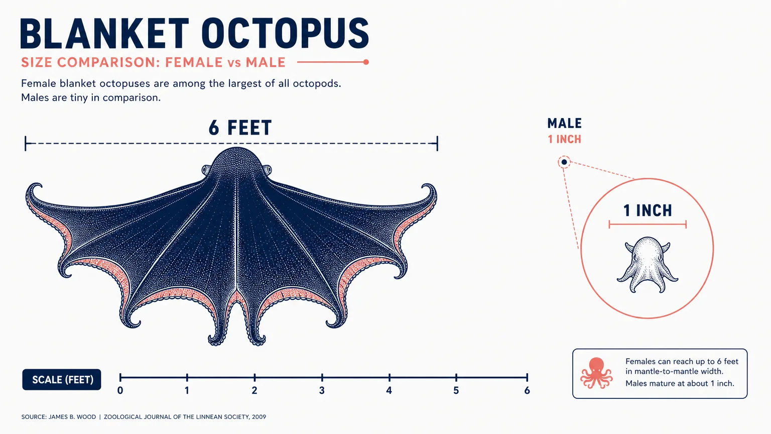 An infographic diagram comparing a 6-foot female blanket octopus to a 1-inch male, showing the extreme size difference.