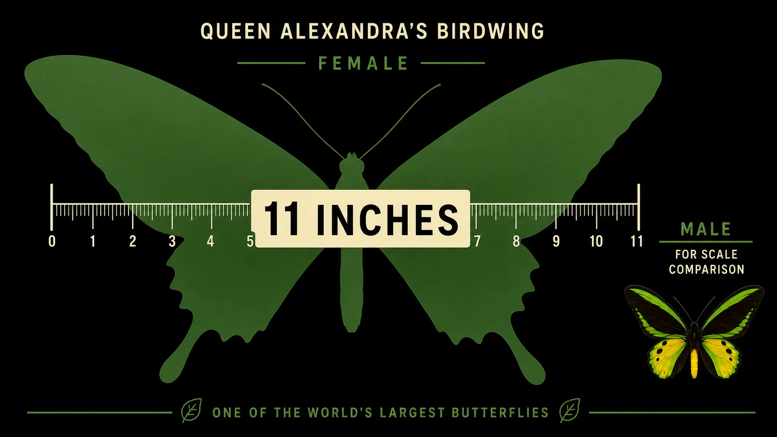 An infographic showing the 11-inch wingspan of a female Queen Alexandra's Birdwing butterfly using a ruler for scale.